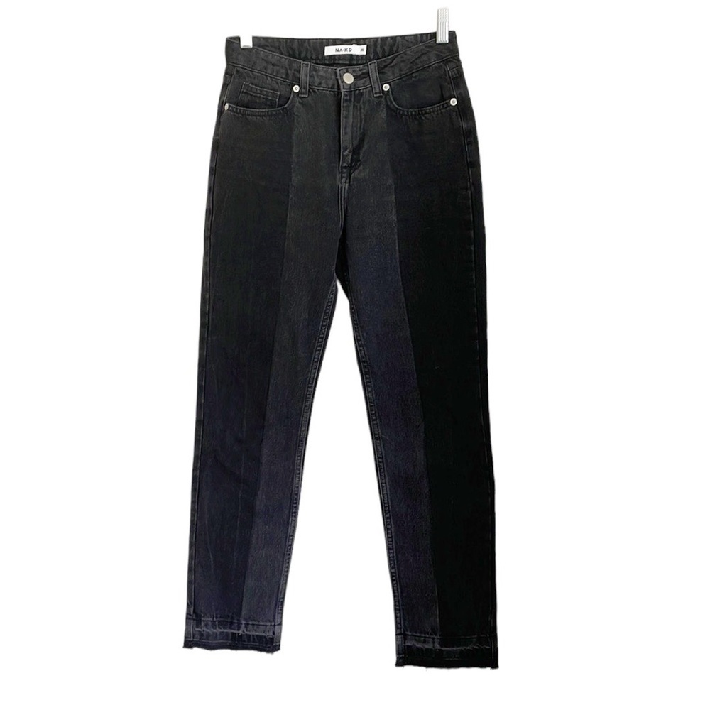 NA-KD Black Two-Tone High Waisted Raw Hem Crop Straight leg jeans